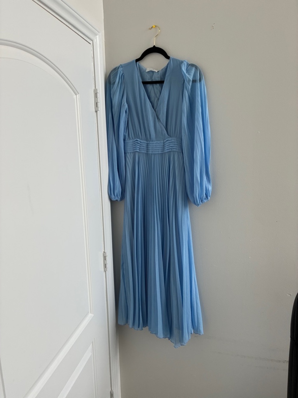 A.L.C. Sky Blue Pleated Long Sleeve Midi Dress